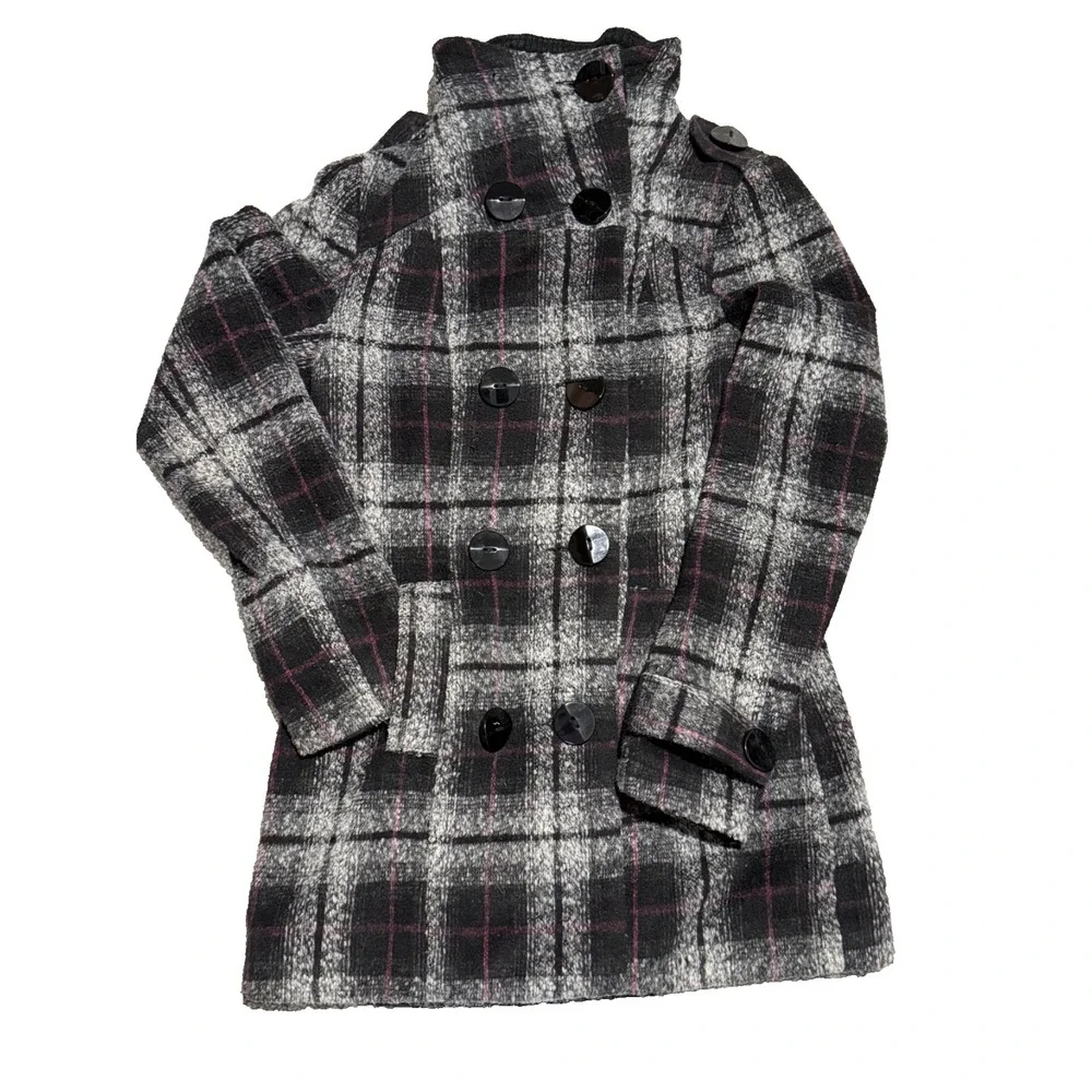 BKE Buckle Coat Women's Sz S Wool Blend Plaid Double Breast Lined Front Pockets‎